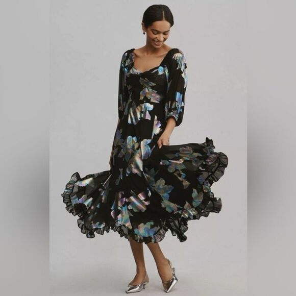 Anthropologie Hutch Puff-Sleeve Twist Iridescent Midi Dress/  XS - Picture 1 of 9